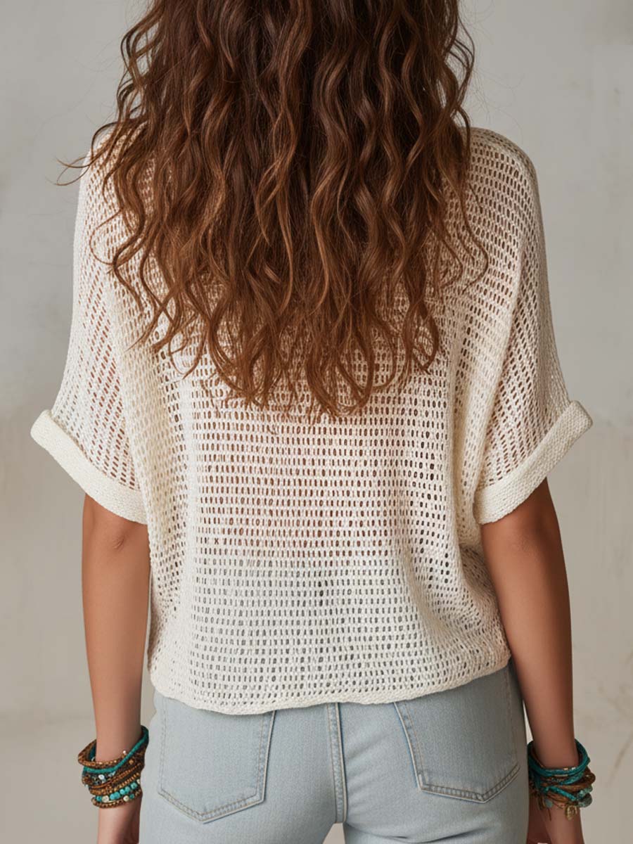 Bohemian Casual Open-Knit Short Sleeve Top - Image 4