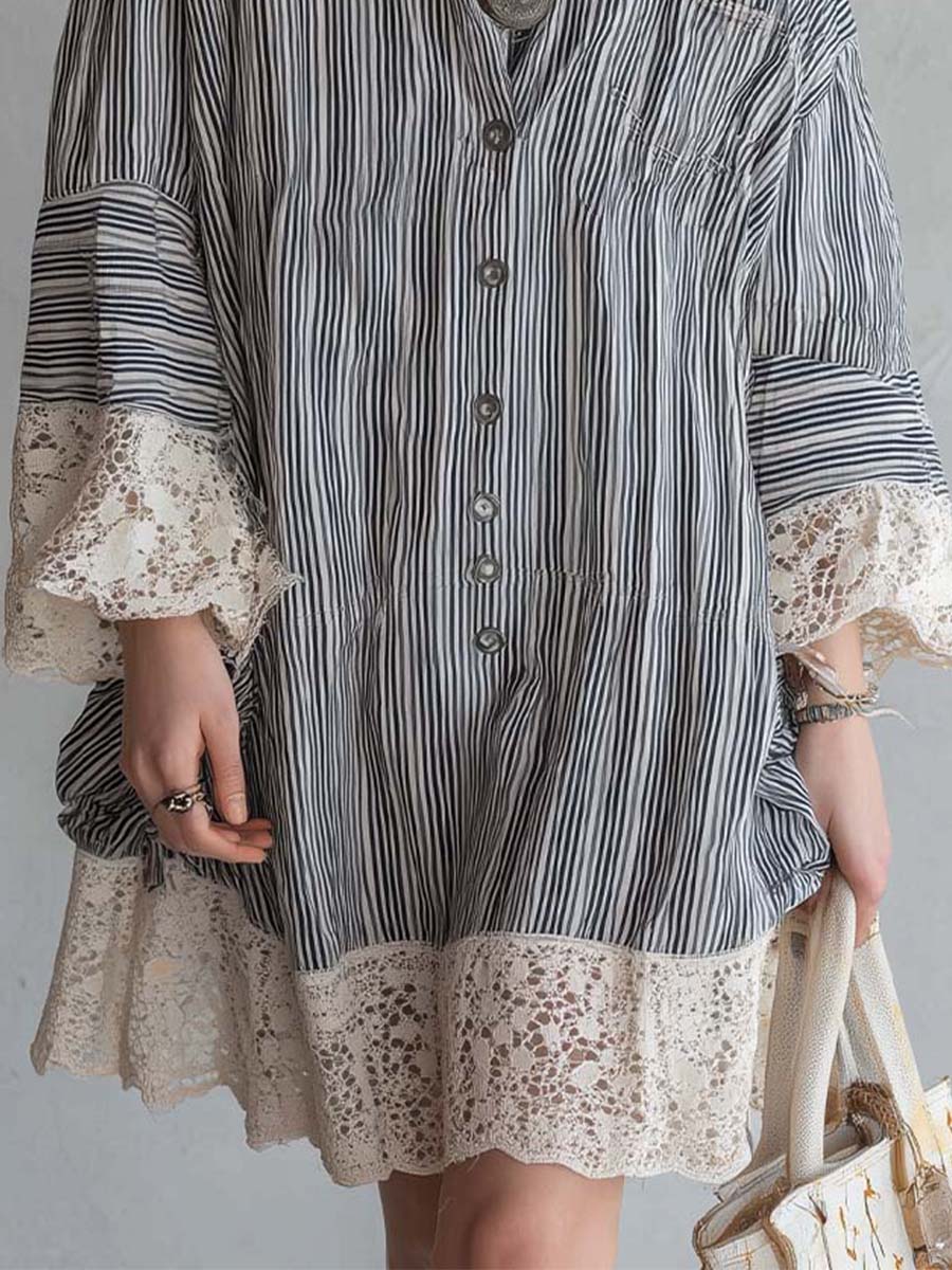 Bohemian Casual Striped Button Shirt Dress With Lace Trim - Image 3