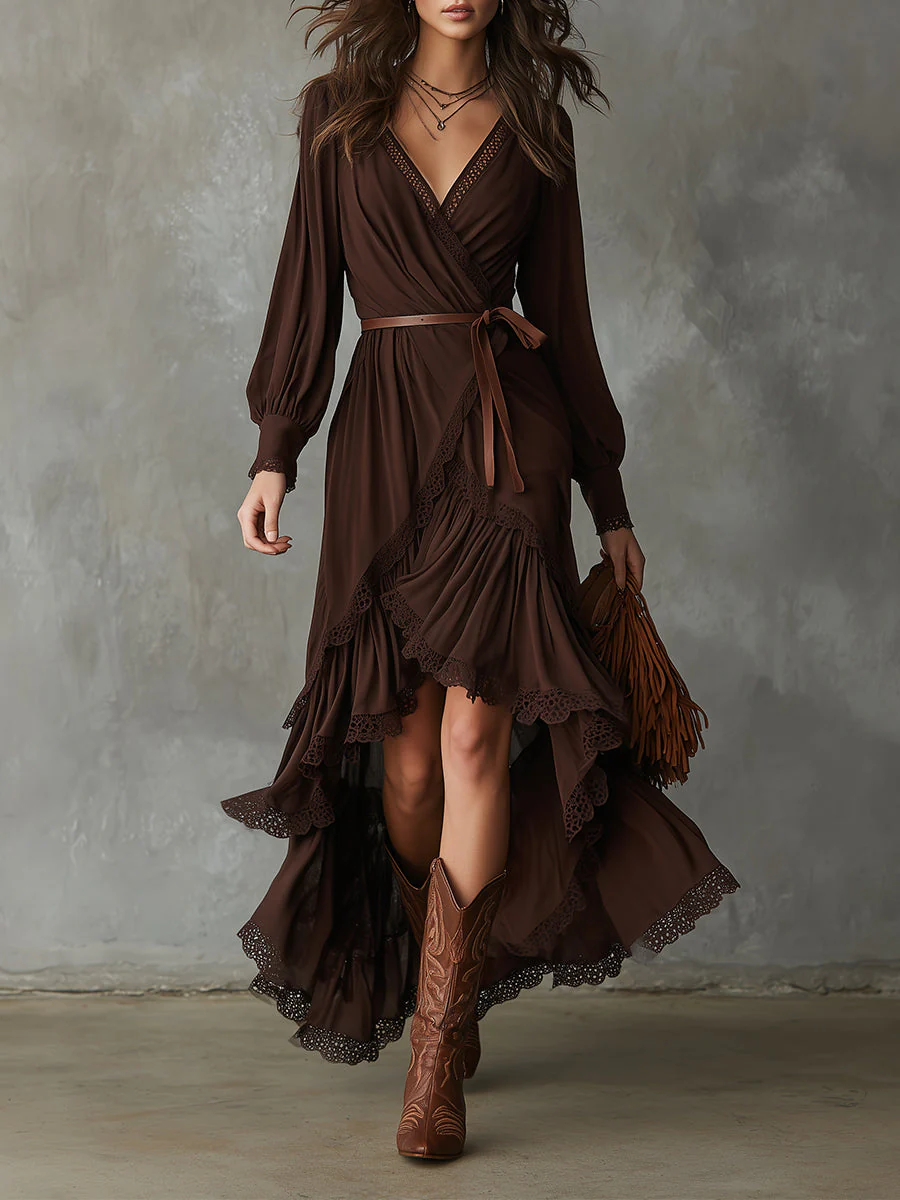 Bohemian Cotton-blend Lace Multi-layer Ruffle High-low Hem Maxi Dress
