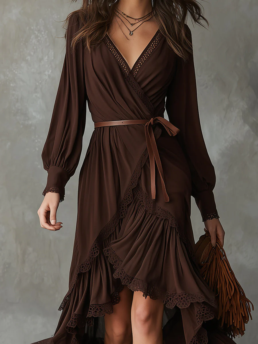 Bohemian Cotton-blend Lace Multi-layer Ruffle High-low Hem Maxi Dress - Image 2