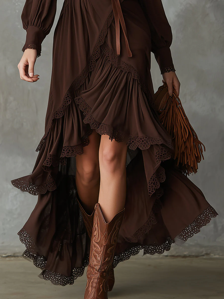 Bohemian Cotton-blend Lace Multi-layer Ruffle High-low Hem Maxi Dress - Image 3