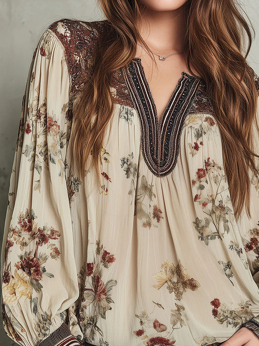 Bohemian Cream Floral Peasant Blouse With Billowy Sleeves - Image 2