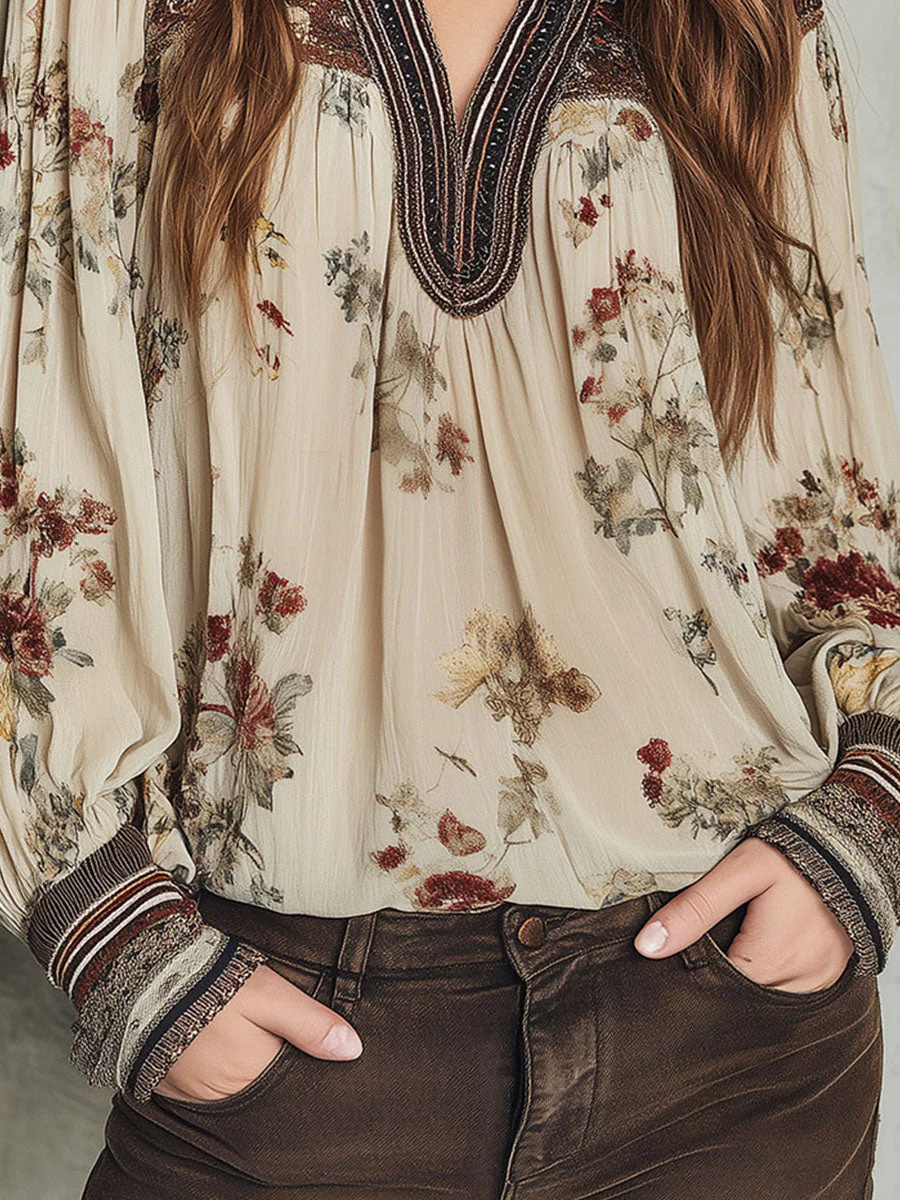 Bohemian Cream Floral Peasant Blouse With Billowy Sleeves - Image 3