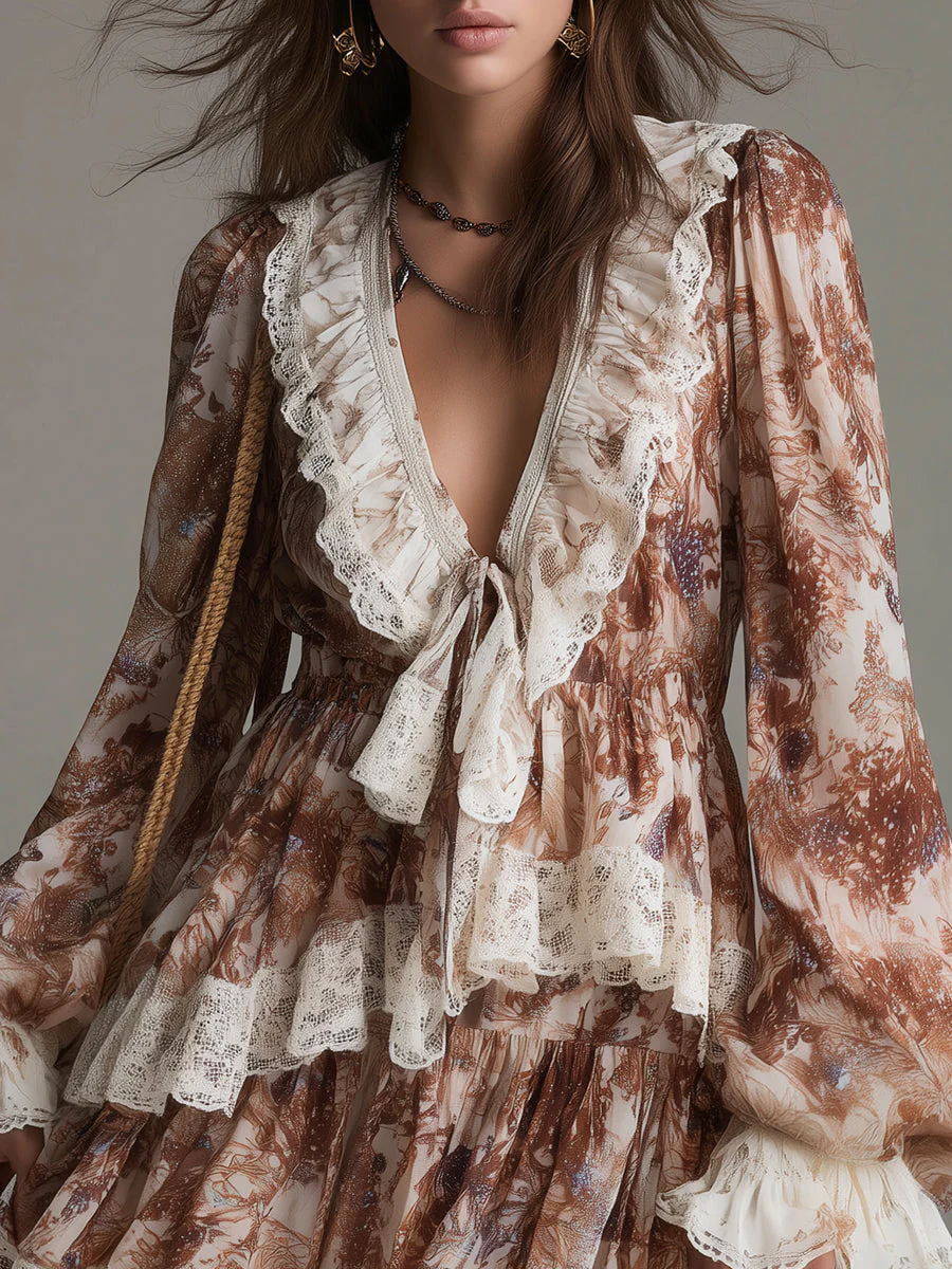Bohemian Double-layered Ruffled Mini Dress With Lace Trim - Image 2