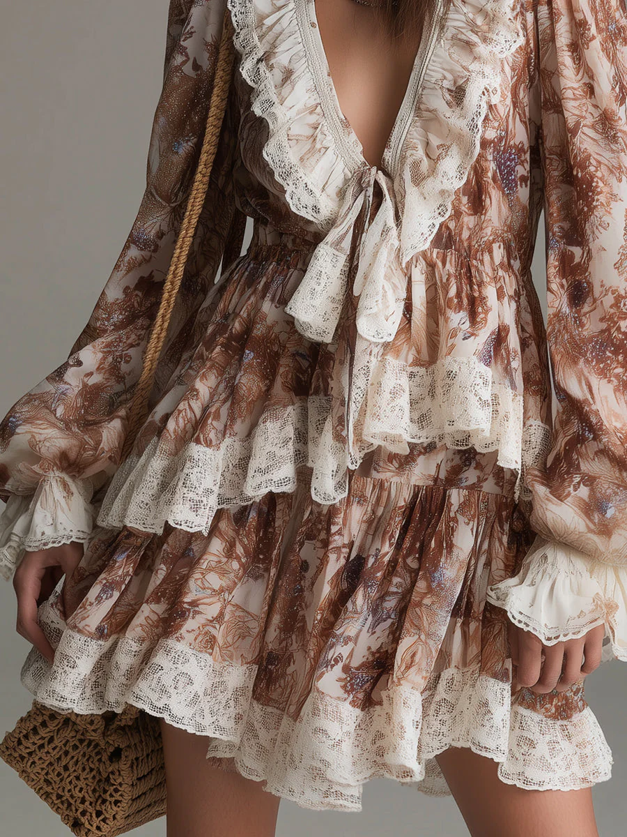 Bohemian Double-layered Ruffled Mini Dress With Lace Trim - Image 3