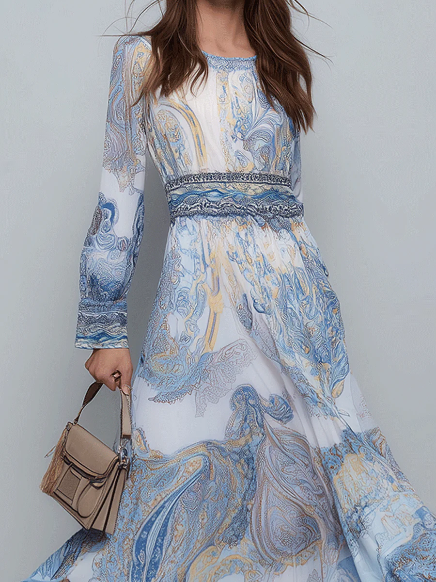 Bohemian Elegant Soft Blue Paisley Maxi Dress - Image 3
