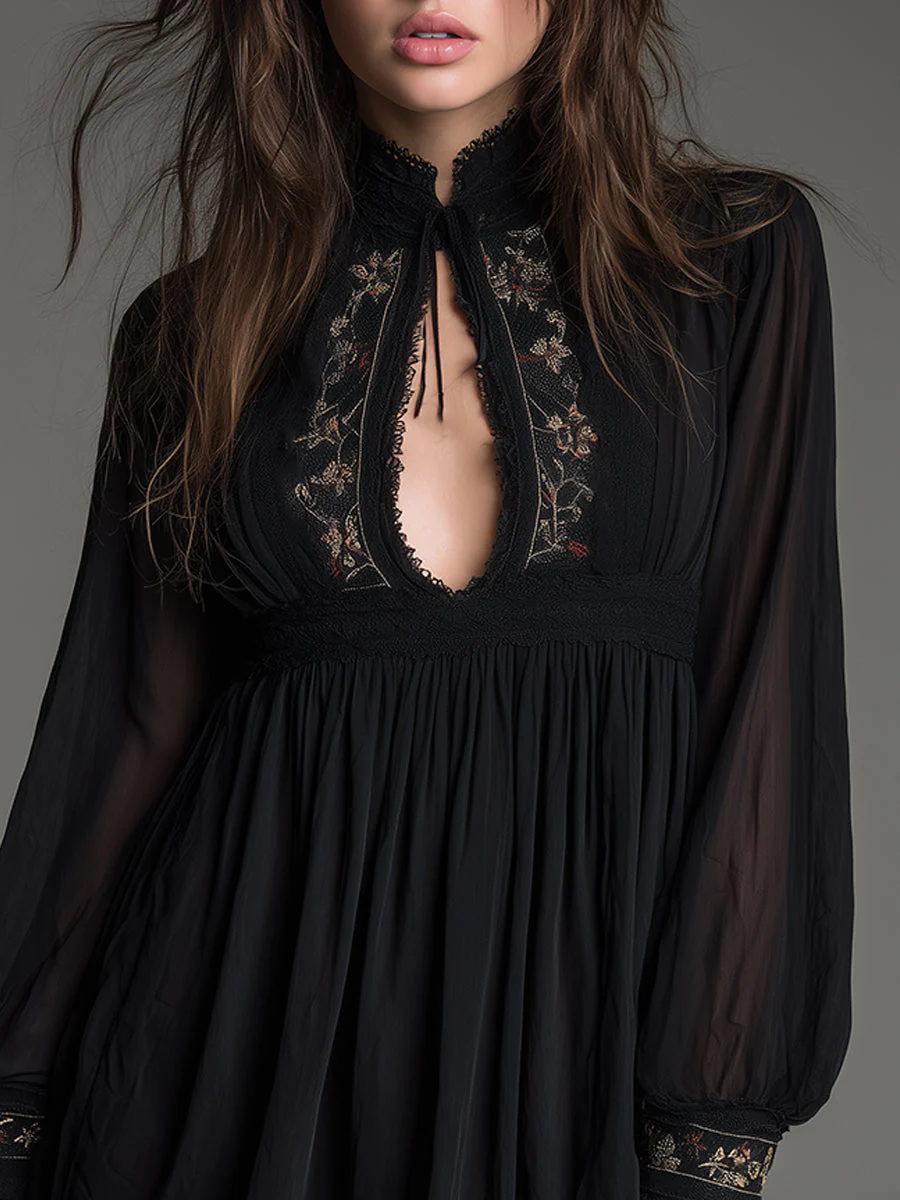 Bohemian Embroidered Chiffon Mini Dress With Keyhole Neckline - Image 2