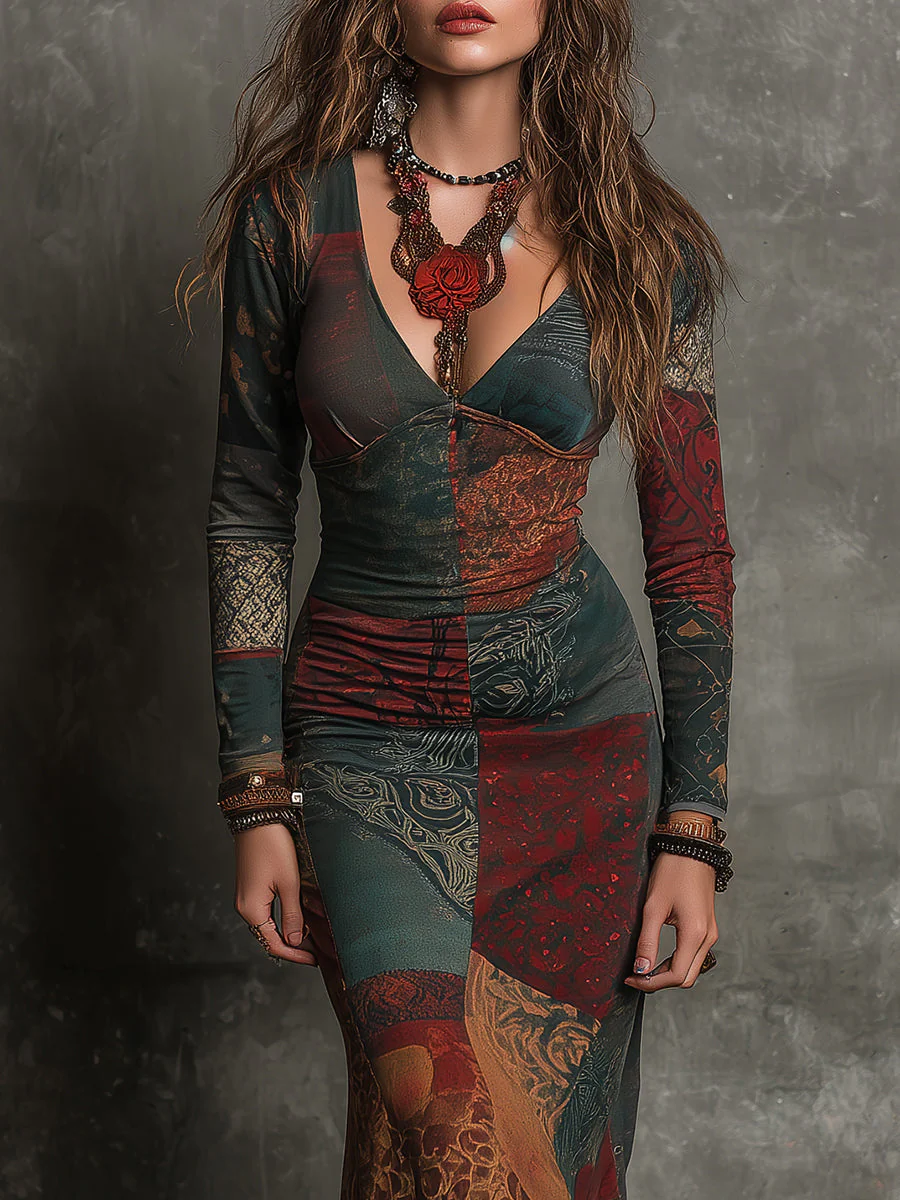 Bohemian Ethnic Print Cotton Blend Slim Fit Fishtail Maxi Dress - Image 3