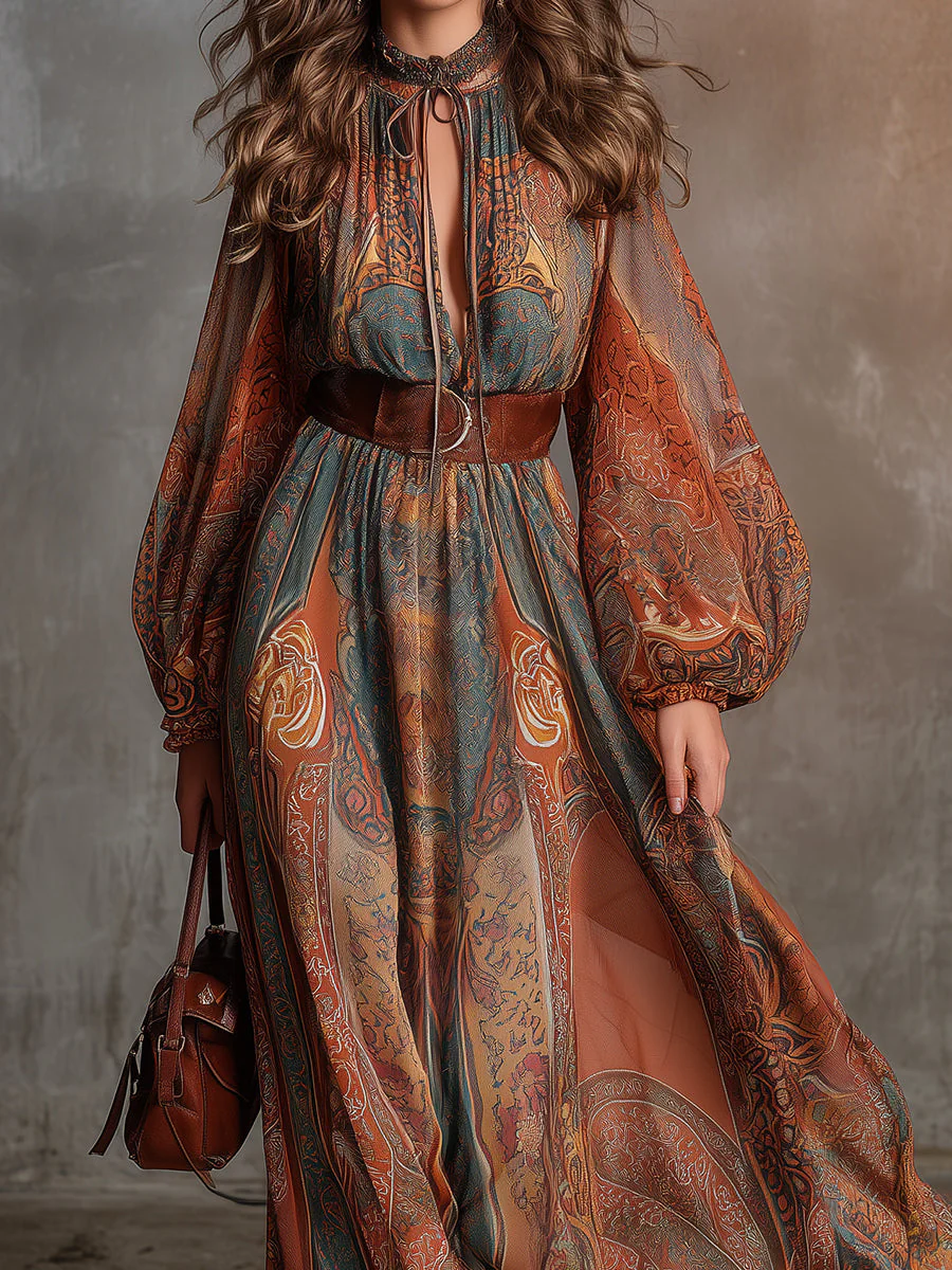Bohemian Ethnic Style Printed Keyhole Collar Maxi Dress - Image 2