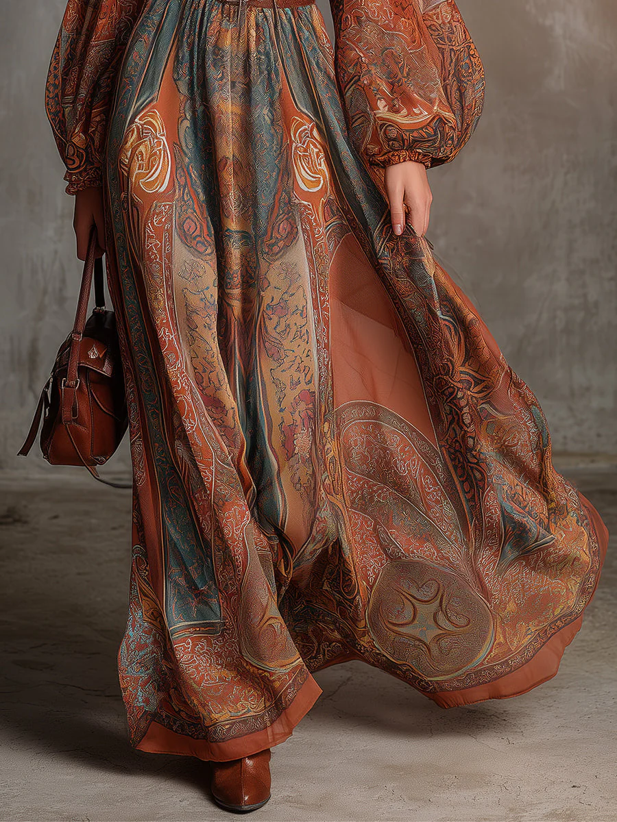 Bohemian Ethnic Style Printed Keyhole Collar Maxi Dress - Image 3