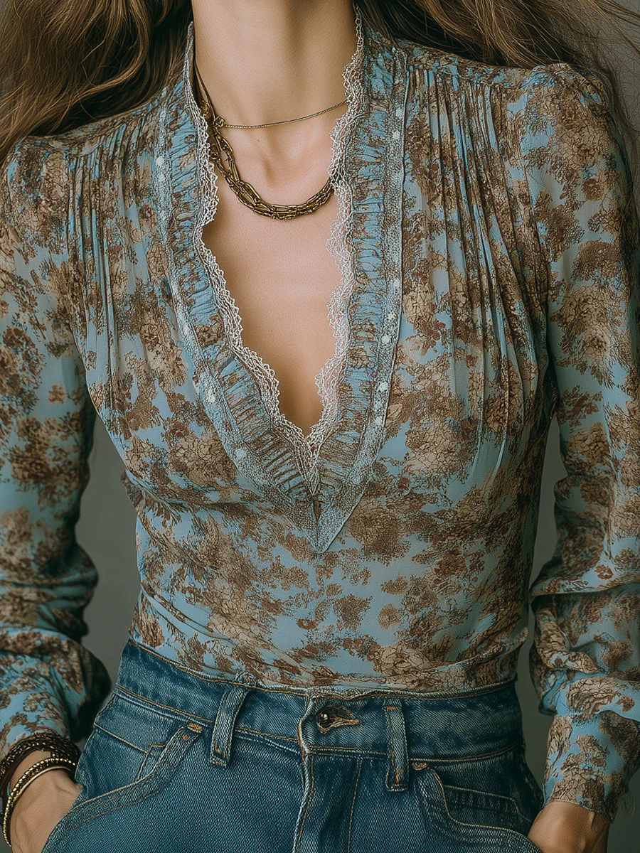 Bohemian Floral Chiffon Blouse With Lace Trim - Image 2