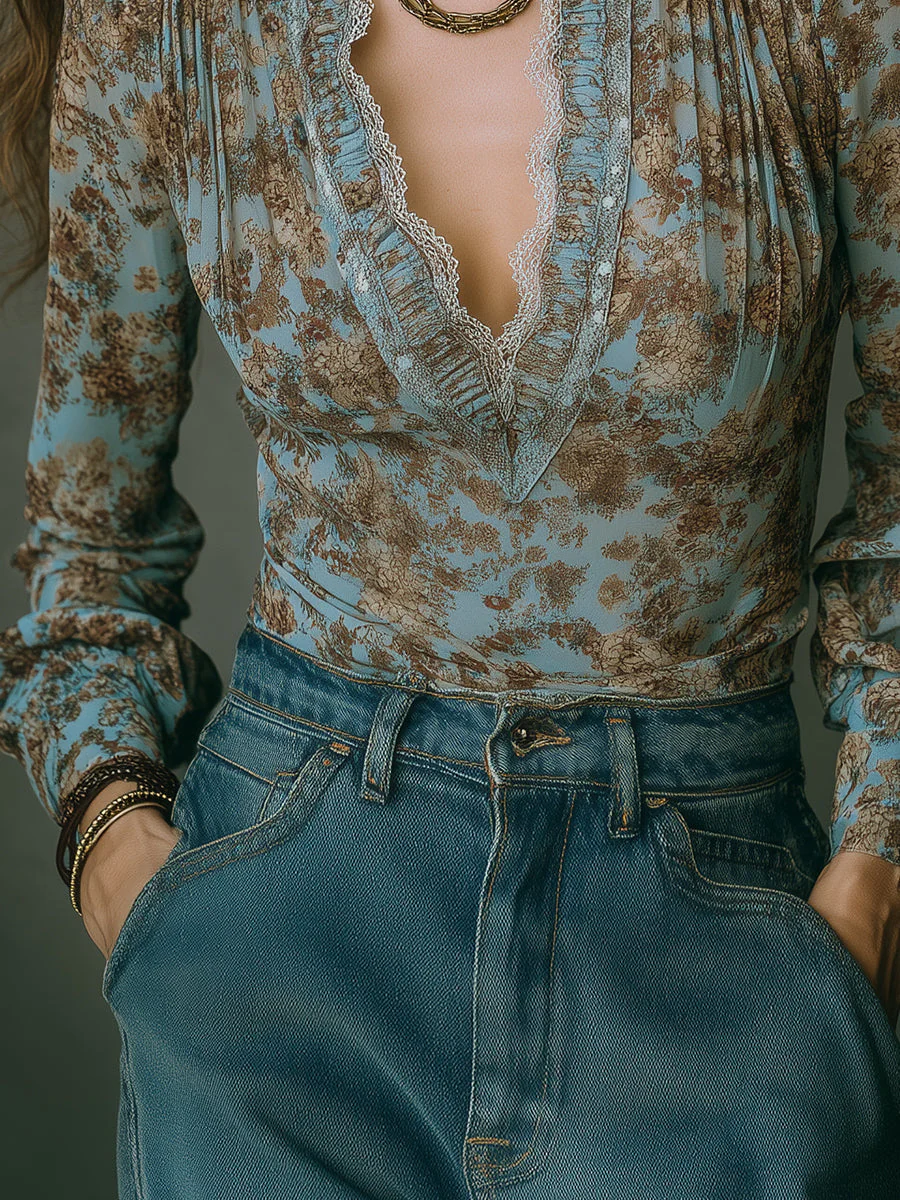 Bohemian Floral Chiffon Blouse With Lace Trim - Image 3