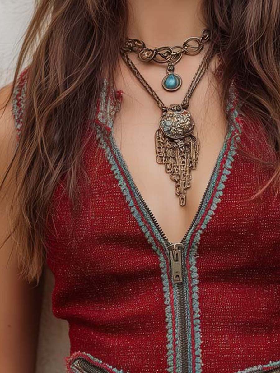 Bohemian Floral Contrast Trim Zip-up Vest - Image 3