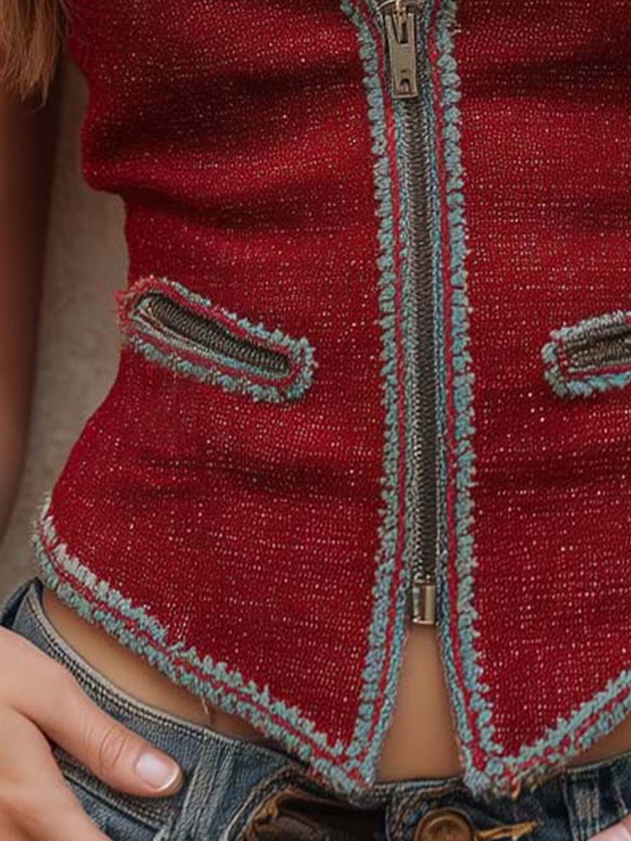 Bohemian Floral Contrast Trim Zip-up Vest - Image 4