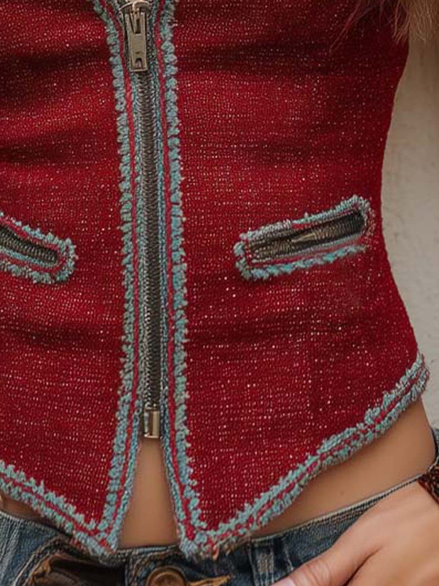 Bohemian Floral Contrast Trim Zip-up Vest - Image 5