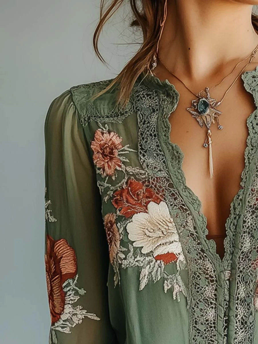 Bohemian Floral Printed Lace Blouse - Image 2
