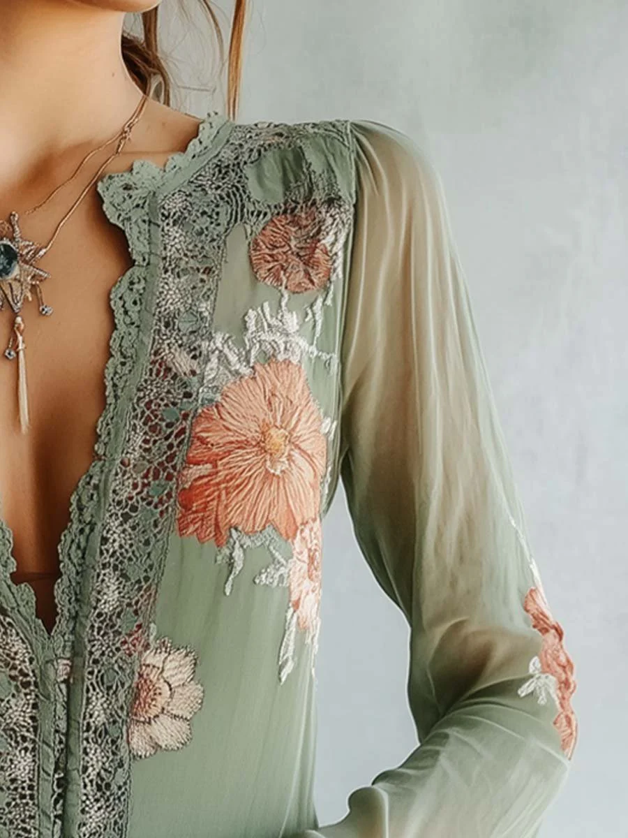 Bohemian Floral Printed Lace Blouse - Image 3