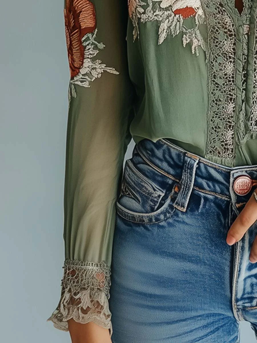 Bohemian Floral Printed Lace Blouse - Image 4