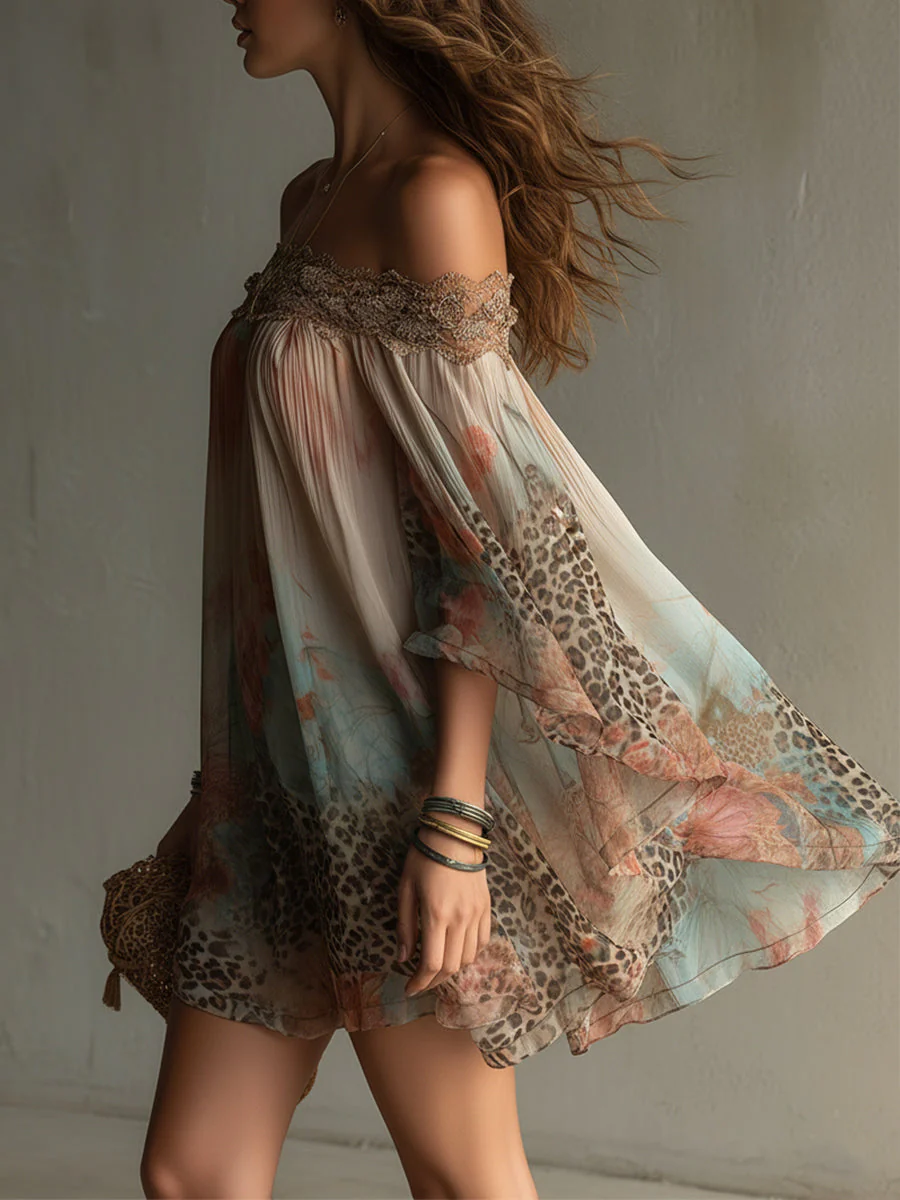 Bohemian Holiday Chiffon One-shoulder Lace Patchwork Leopard Print Mini Dress - Image 2