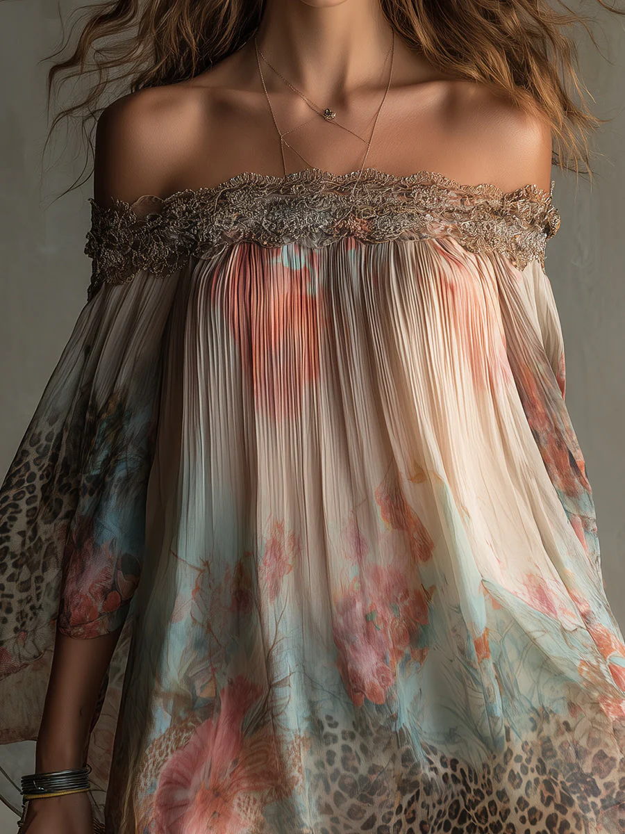 Bohemian Holiday Chiffon One-shoulder Lace Patchwork Leopard Print Mini Dress - Image 4