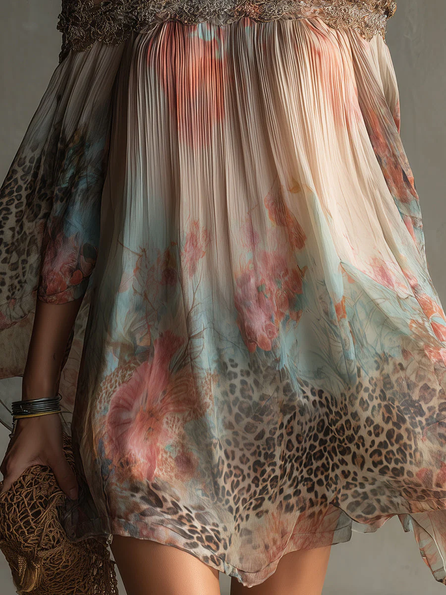 Bohemian Holiday Chiffon One-shoulder Lace Patchwork Leopard Print Mini Dress - Image 5