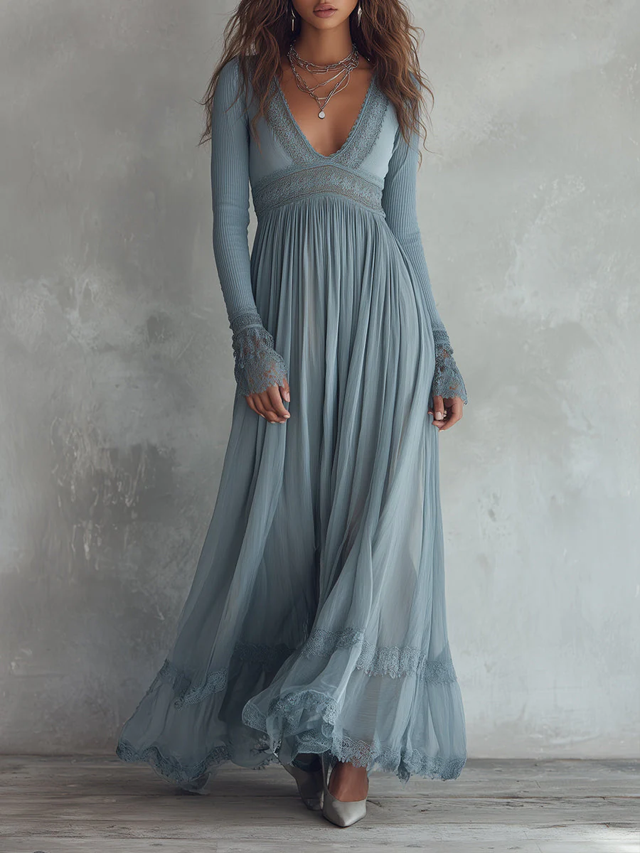 Bohemian Holiday Knitted Chiffon Pleated Lace Splicing Maxi Dress