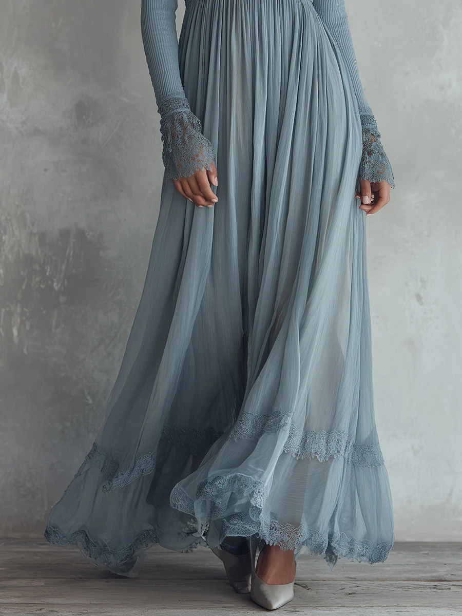 Bohemian Holiday Knitted Chiffon Pleated Lace Splicing Maxi Dress - Image 3