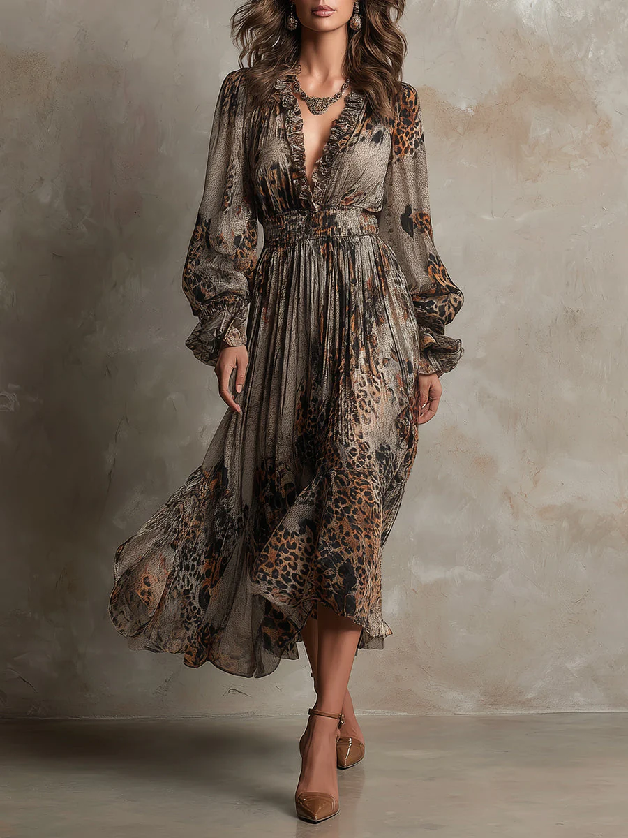 Bohemian Holiday Leopard Print Ruffle Neckline Chiffon Midi Dress