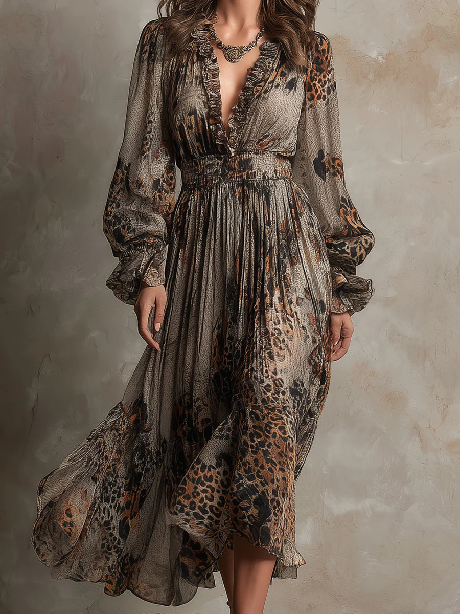 Bohemian Holiday Leopard Print Ruffle Neckline Chiffon Midi Dress - Image 2