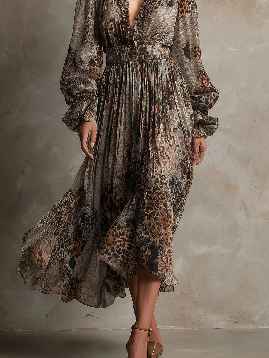 Bohemian Holiday Leopard Print Ruffle Neckline Chiffon Midi Dress - Image 3