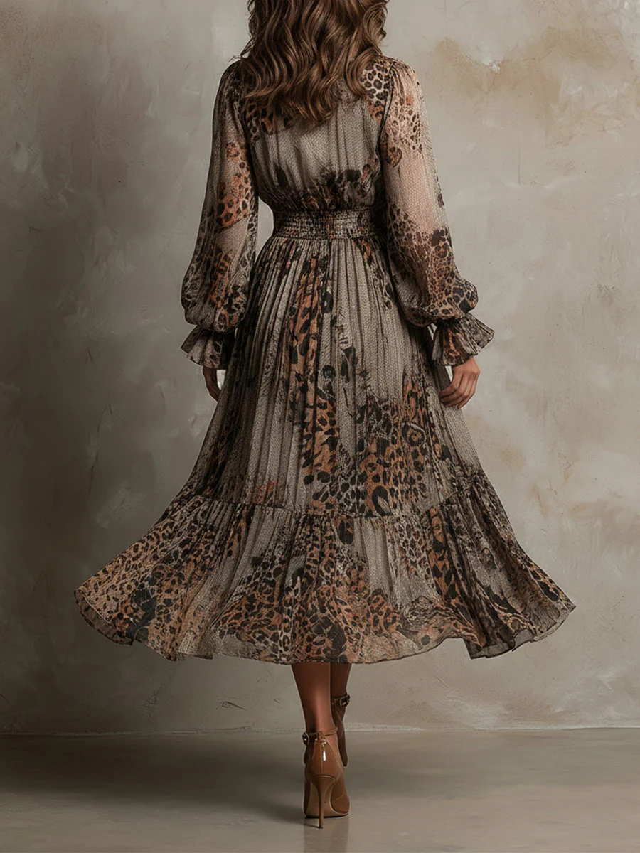 Bohemian Holiday Leopard Print Ruffle Neckline Chiffon Midi Dress - Image 4