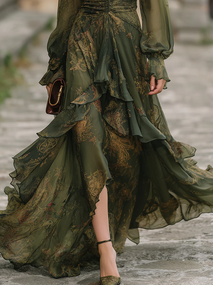 Bohemian Holiday Multi-layered Ruffle Hem Floral Chiffon Maxi Dress - Image 3