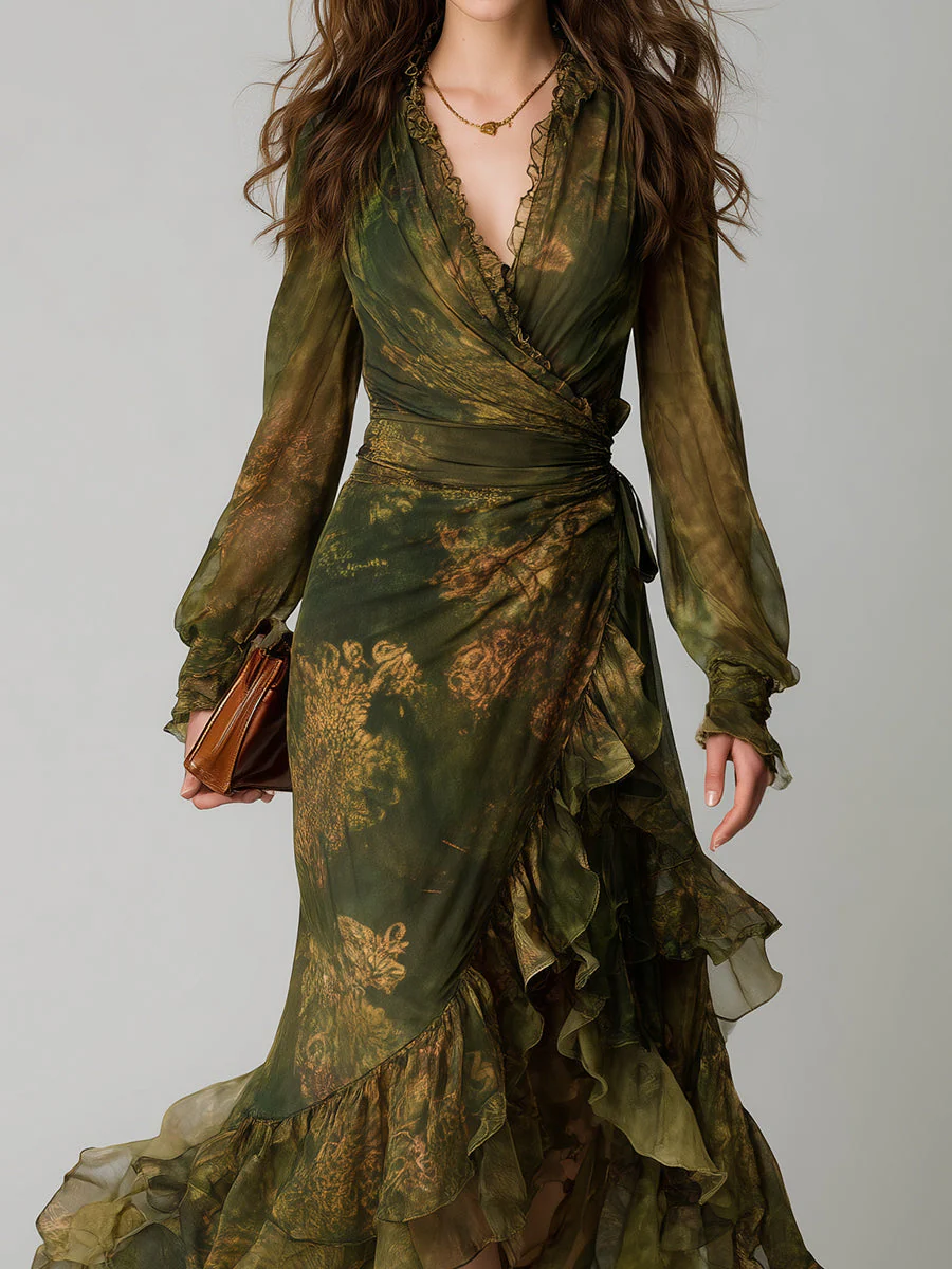 Bohemian Holiday Print Irregular Ruffled Hem Chiffon Maxi Dress - Image 2
