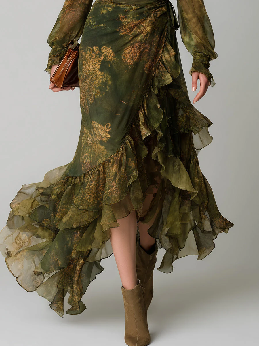 Bohemian Holiday Print Irregular Ruffled Hem Chiffon Maxi Dress - Image 3
