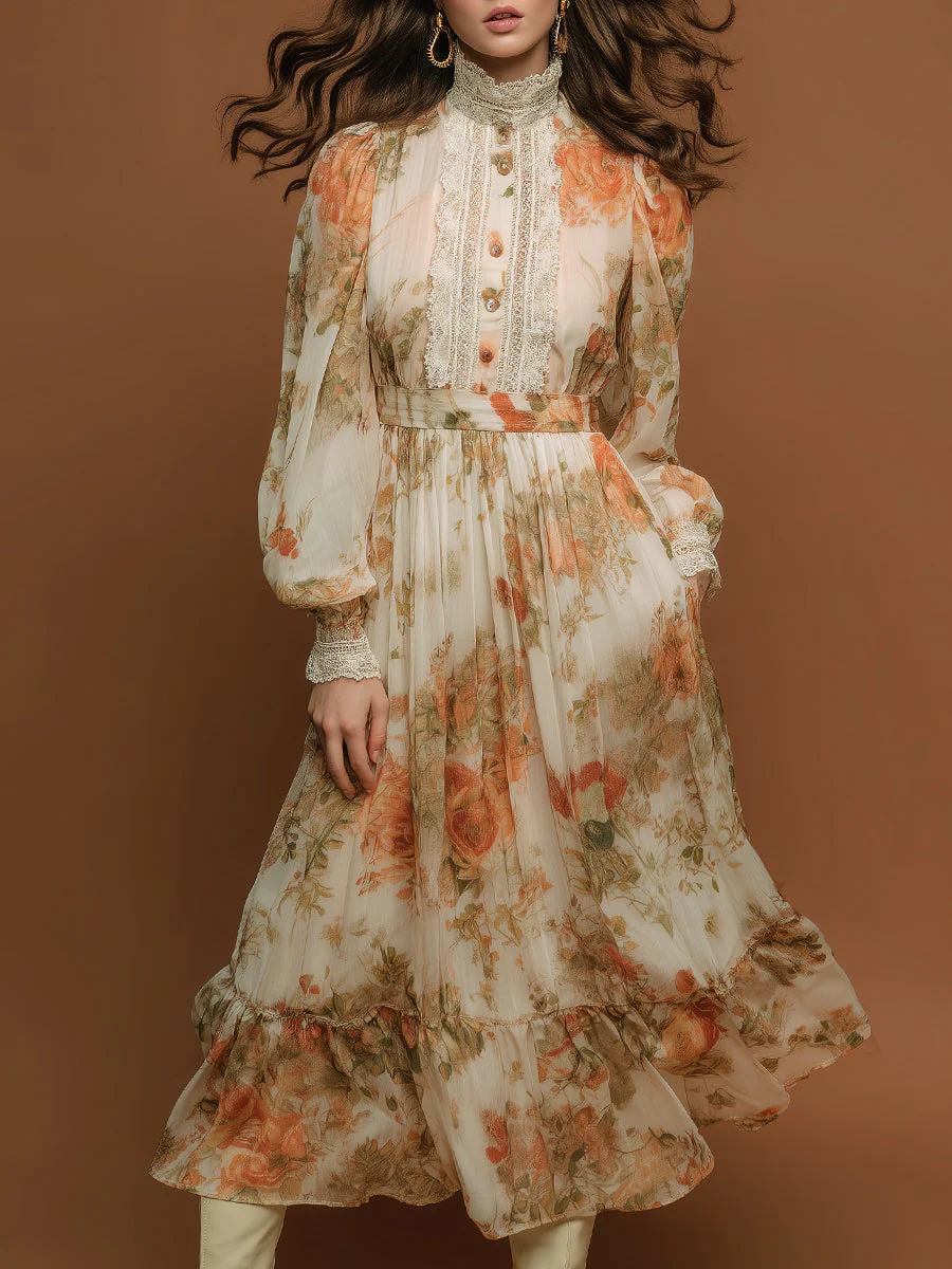 Bohemian Holiday Printed Lace Chiffon Midi Dress