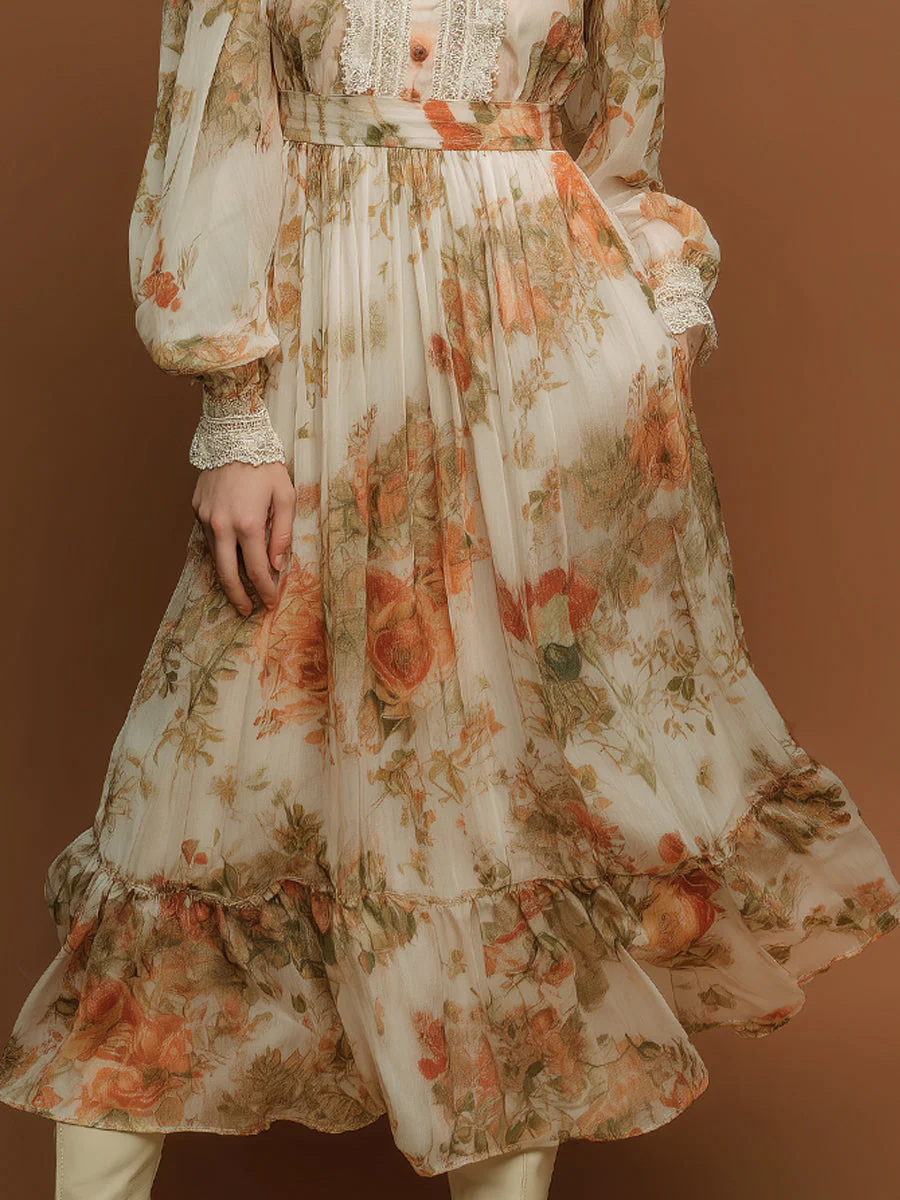 Bohemian Holiday Printed Lace Chiffon Midi Dress - Image 2