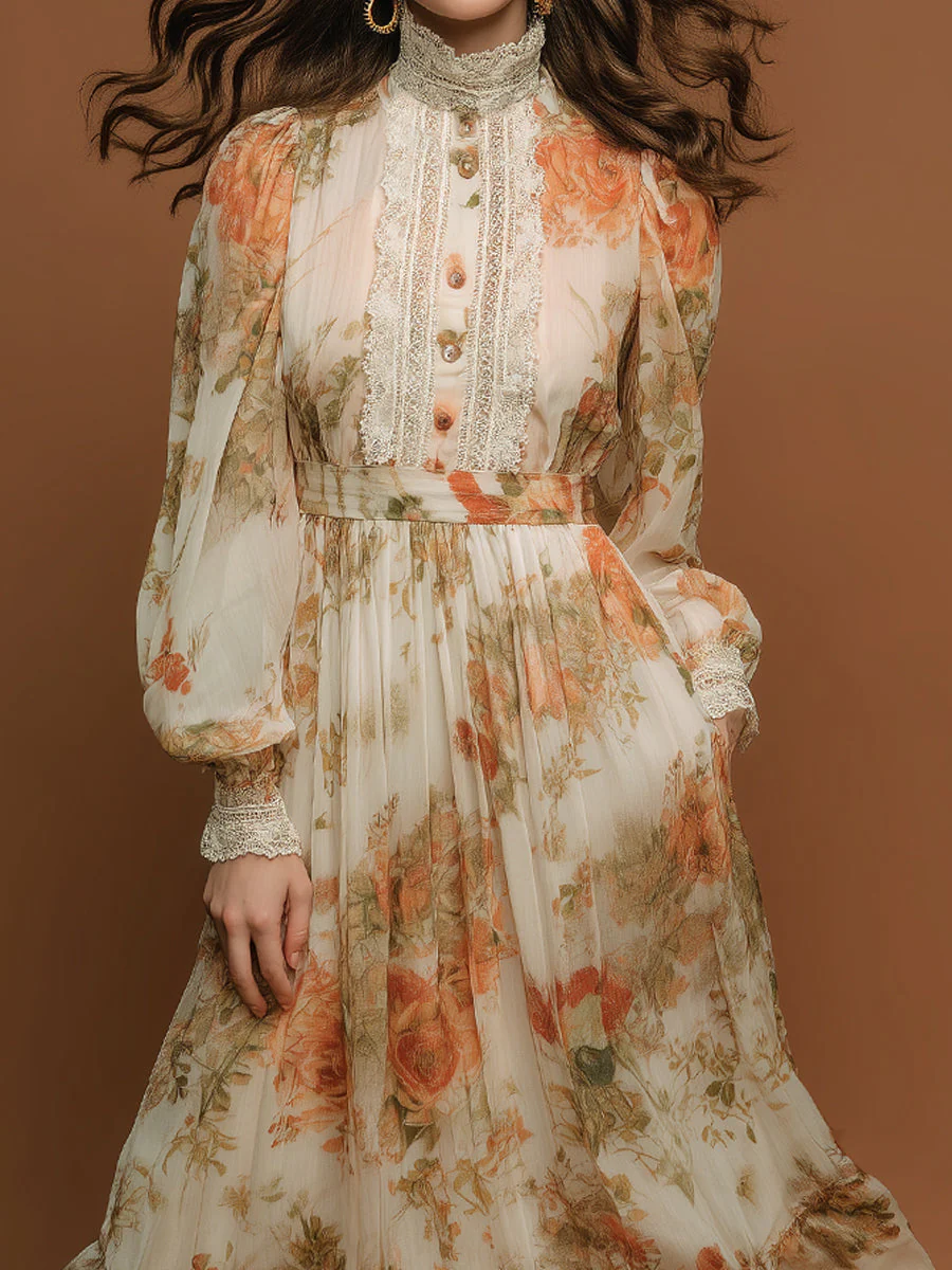 Bohemian Holiday Printed Lace Chiffon Midi Dress - Image 3