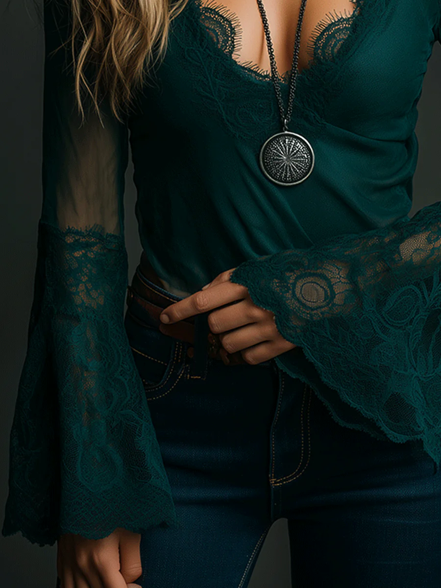 Bohemian Lace Flared Sleeve Shirt - Image 3