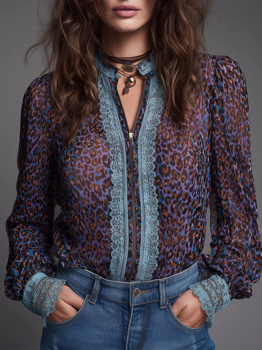 Bohemian Leopard Print Chiffon Blouse With Lace Trim