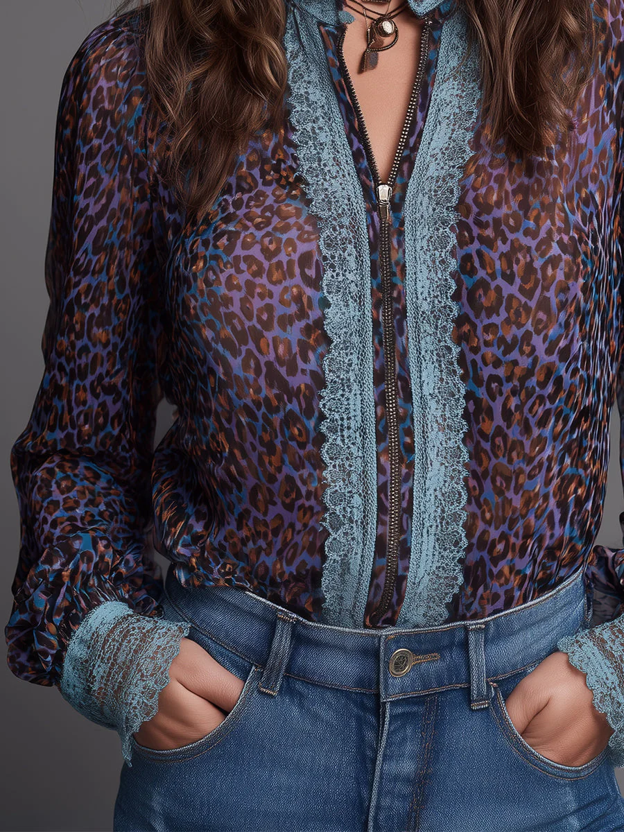 Bohemian Leopard Print Chiffon Blouse With Lace Trim - Image 3