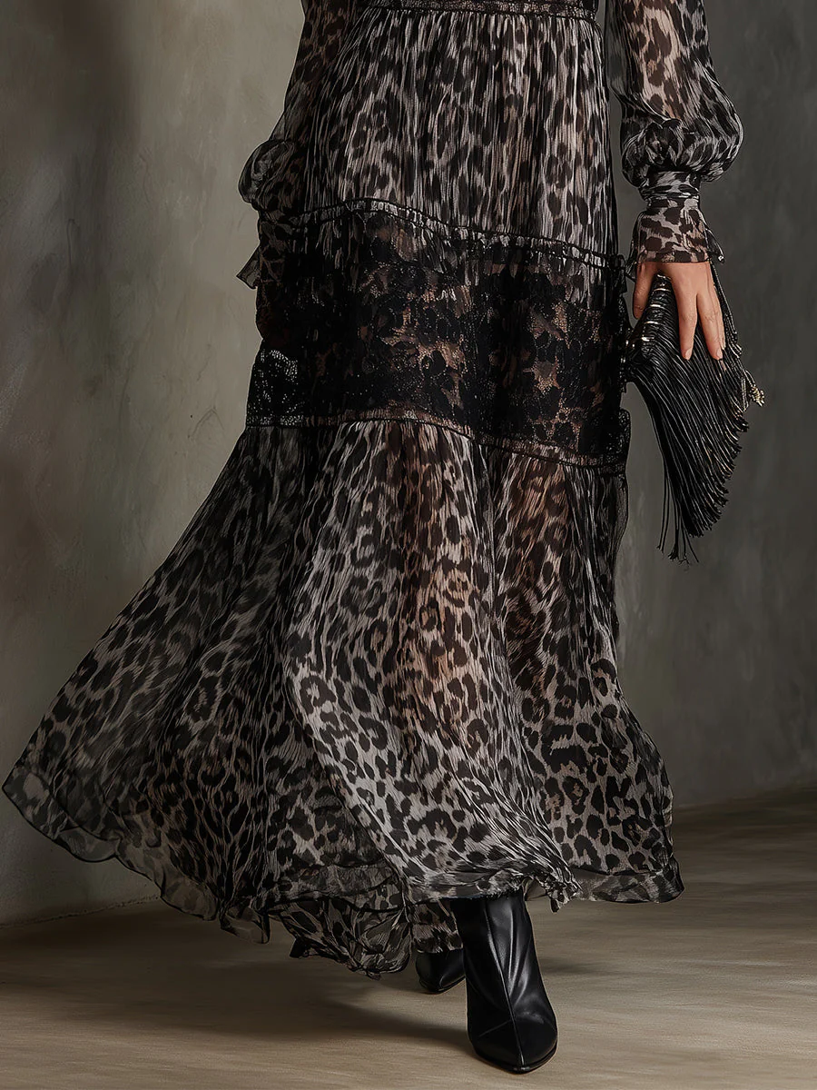 Bohemian Leopard Print Lace Chiffon Patchwork Pleated Maxi Dress - Image 3