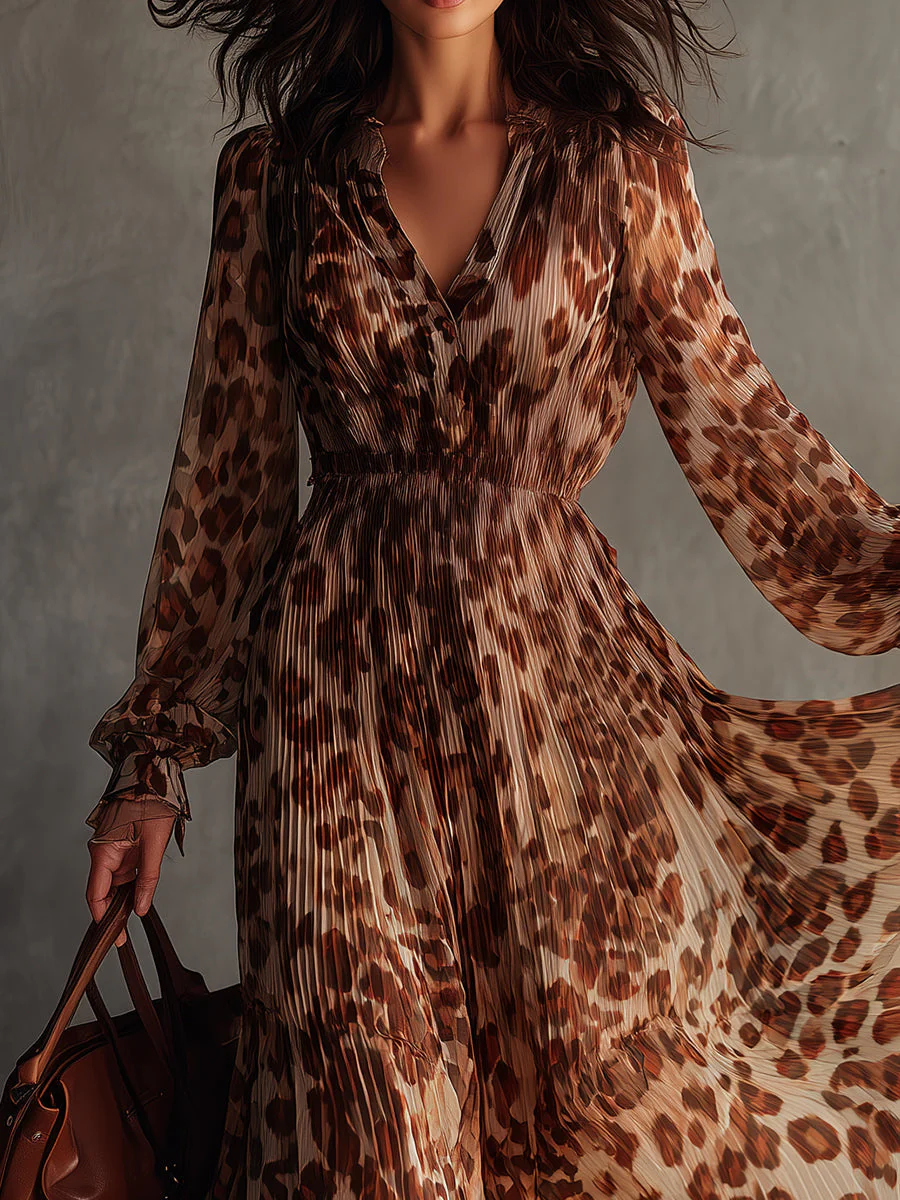 Bohemian Leopard Print Pleated Chiffon Maxi Dress - Image 2