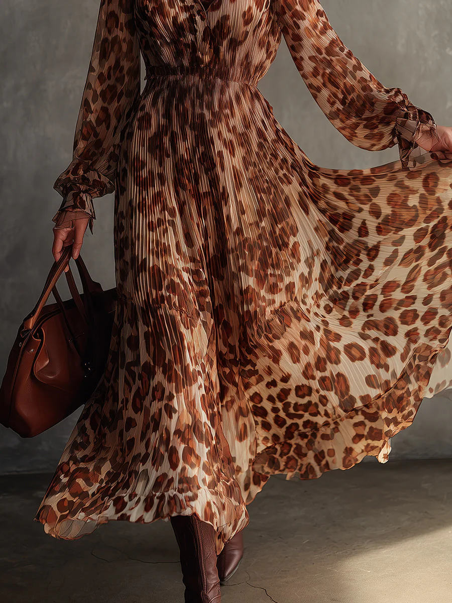 Bohemian Leopard Print Pleated Chiffon Maxi Dress - Image 3
