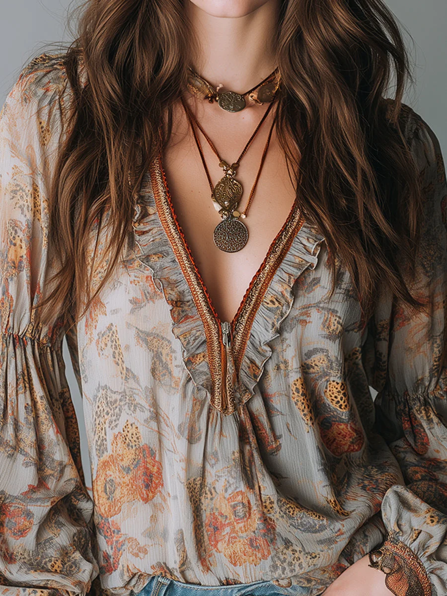Bohemian Leopard Print Ruffled Front Zip Blouse - Image 2