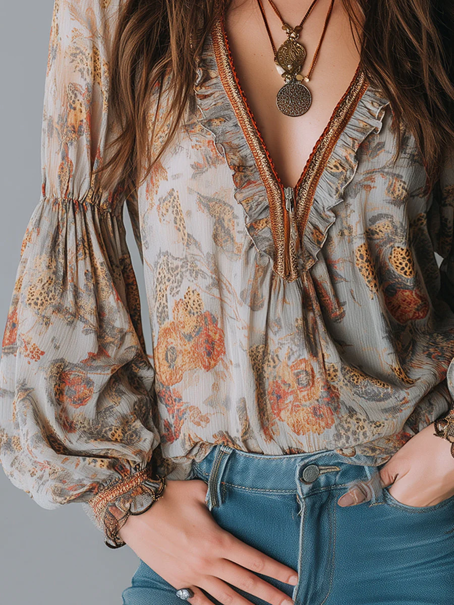 Bohemian Leopard Print Ruffled Front Zip Blouse - Image 3