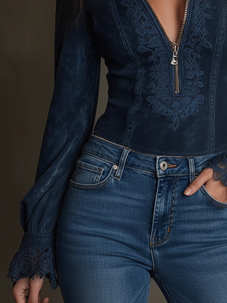 Bohemian Midnight Indigo Lace Zip-Up Shirt - Image 3