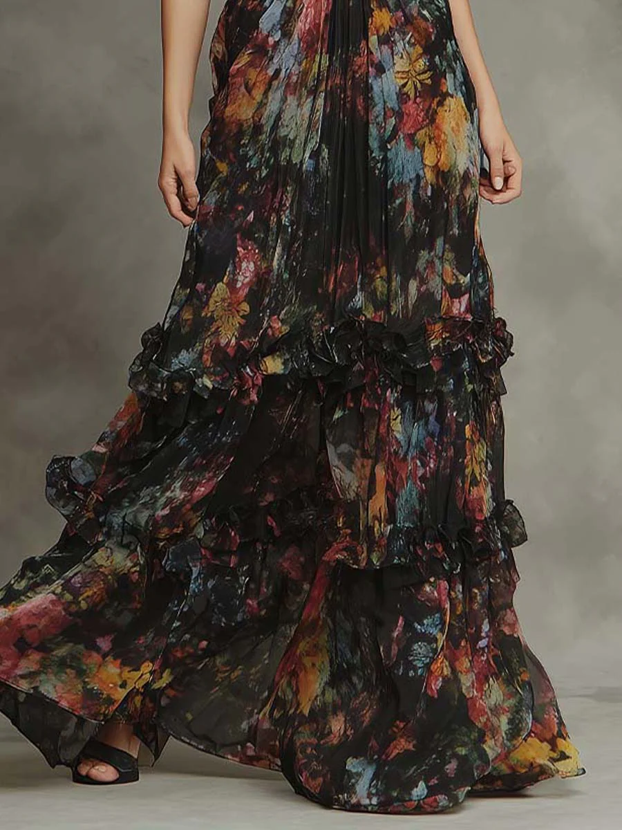 Bohemian Multicolor Abstract Chiffon Tiered Maxi Dress - Image 3