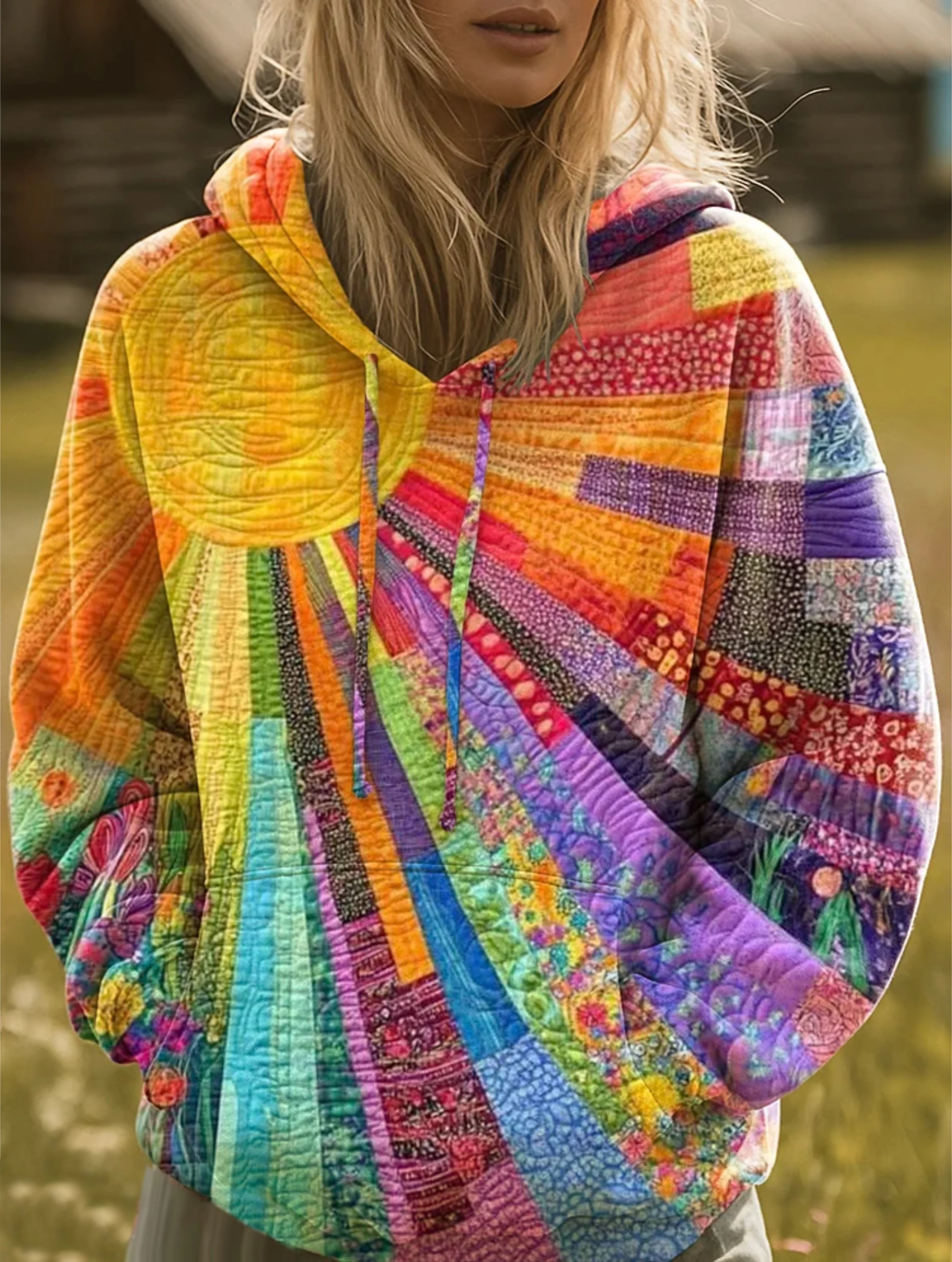 Bohemian Multicolor Patchwork Sun Pattern Art Print Casual Hoodie