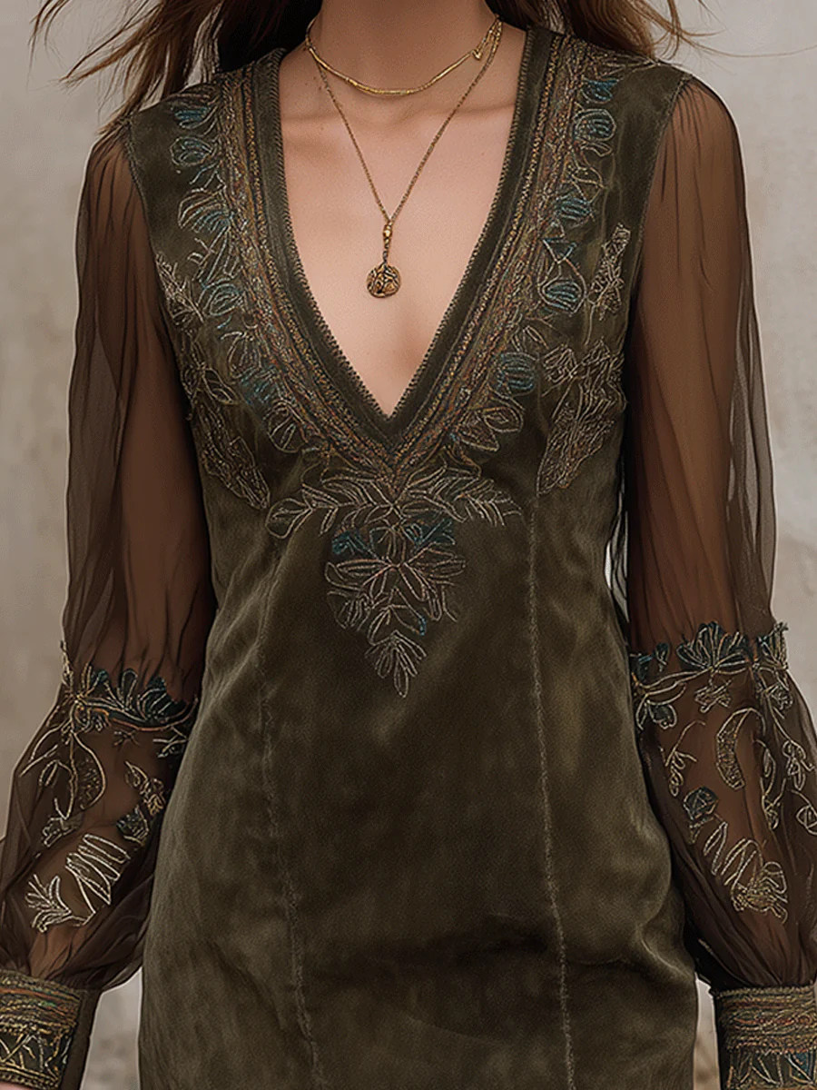 Bohemian Olive Suede Embroidered Mini Dress - Image 2