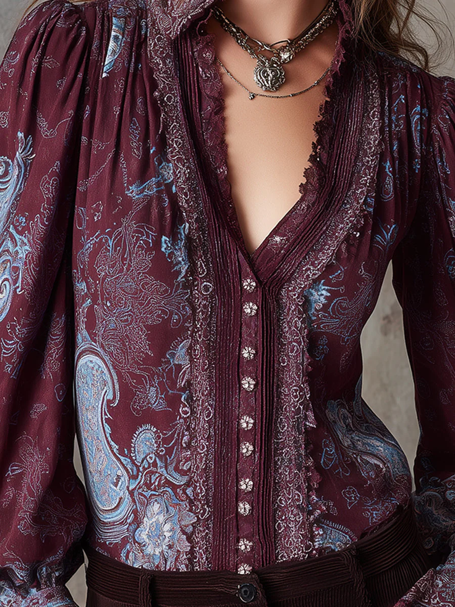 Bohemian Paisley Pattern Lace Puff Sleeves Mixed Cotton Blouse - Image 2